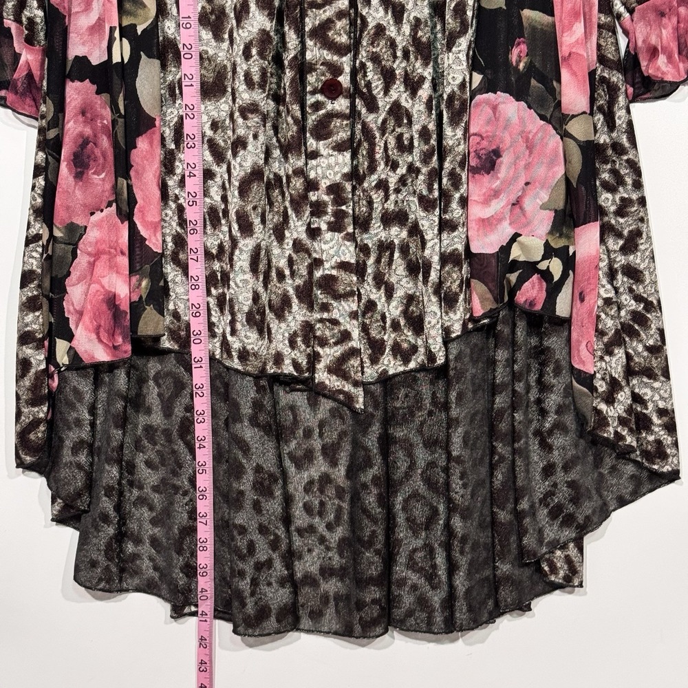 Sadie B's Top Womens Plus 3X Leopard Floral Button Up Tunic Hi Low Sheer - Picture 4 of 11